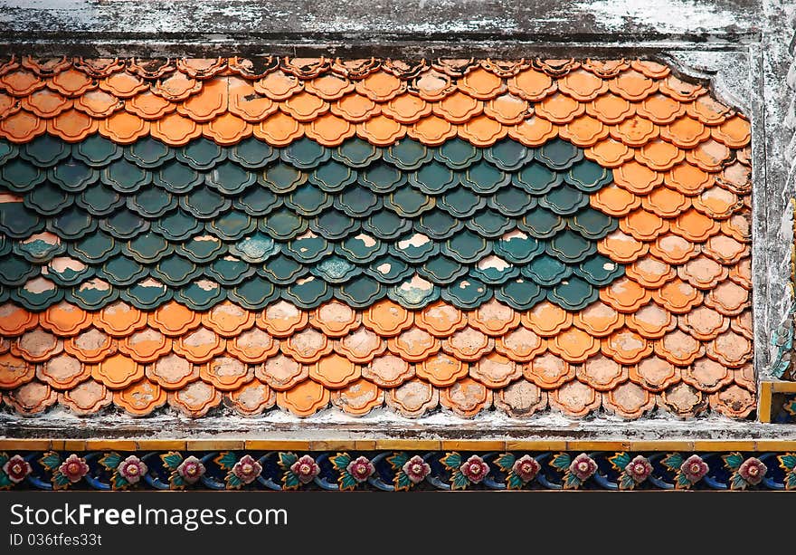 Buddhist temple tiled roof in Thailand. Architectural detail. Buddhist temple tiled roof in Thailand. Architectural detail