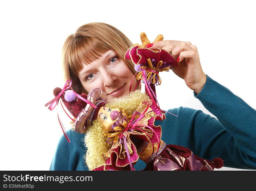 Portrait of a girl with a cheerful clown