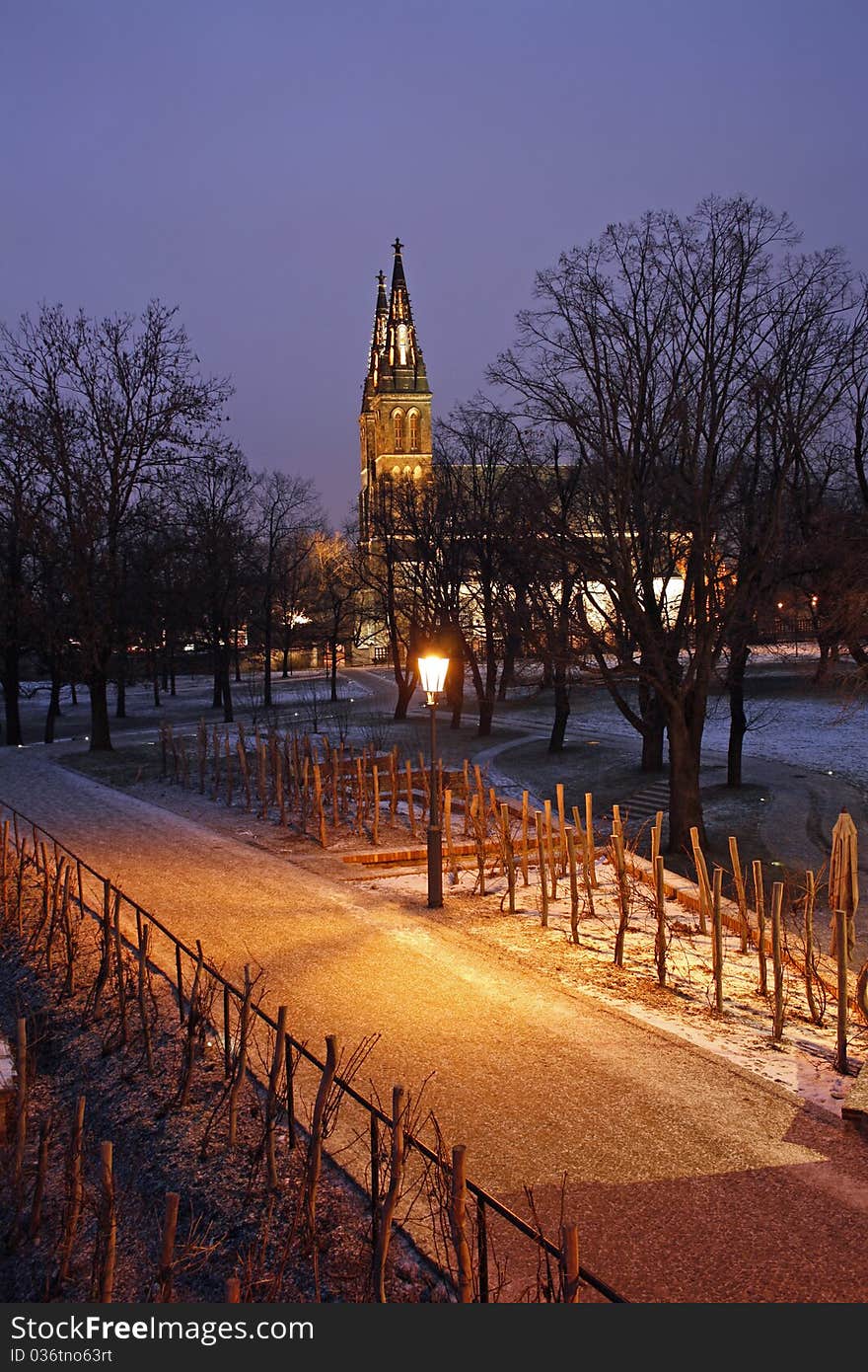 Road to cathedral of saint Peter and Paul at Vysehrad castle at night. Road to cathedral of saint Peter and Paul at Vysehrad castle at night