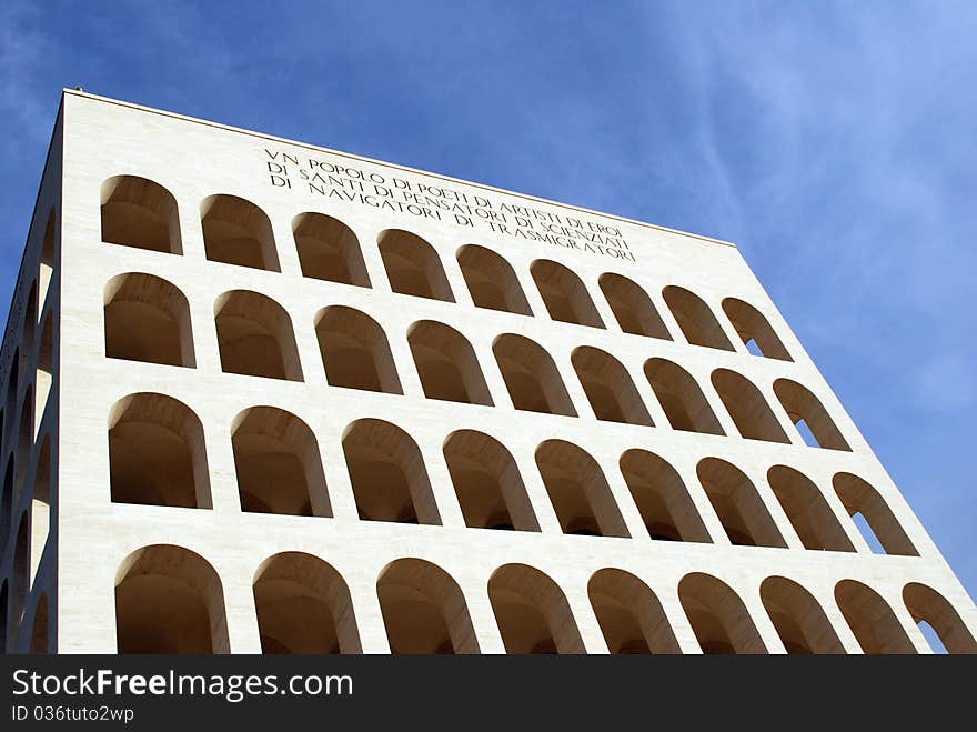 View of Palazzo della Civiltà Italiana in the EUR quarter in Rome, Roma, Italy. View of Palazzo della Civiltà Italiana in the EUR quarter in Rome, Roma, Italy