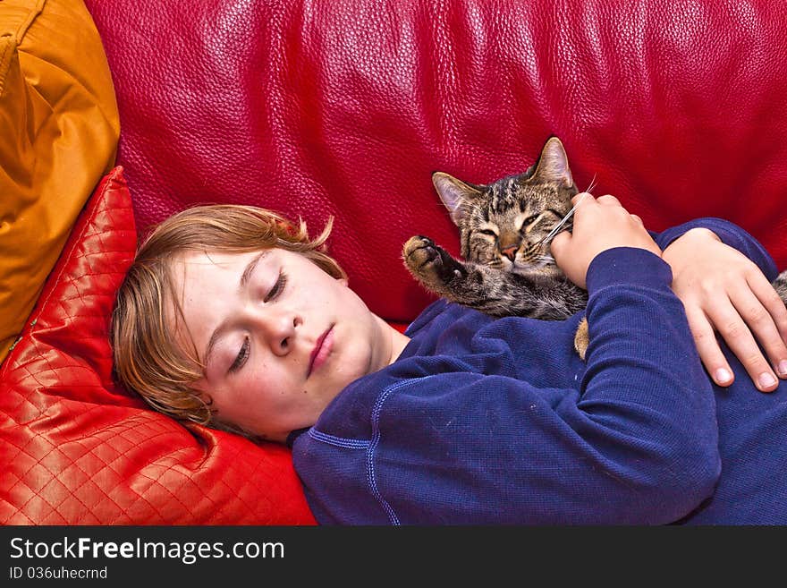 Young boy is hugging his cat at the sofa