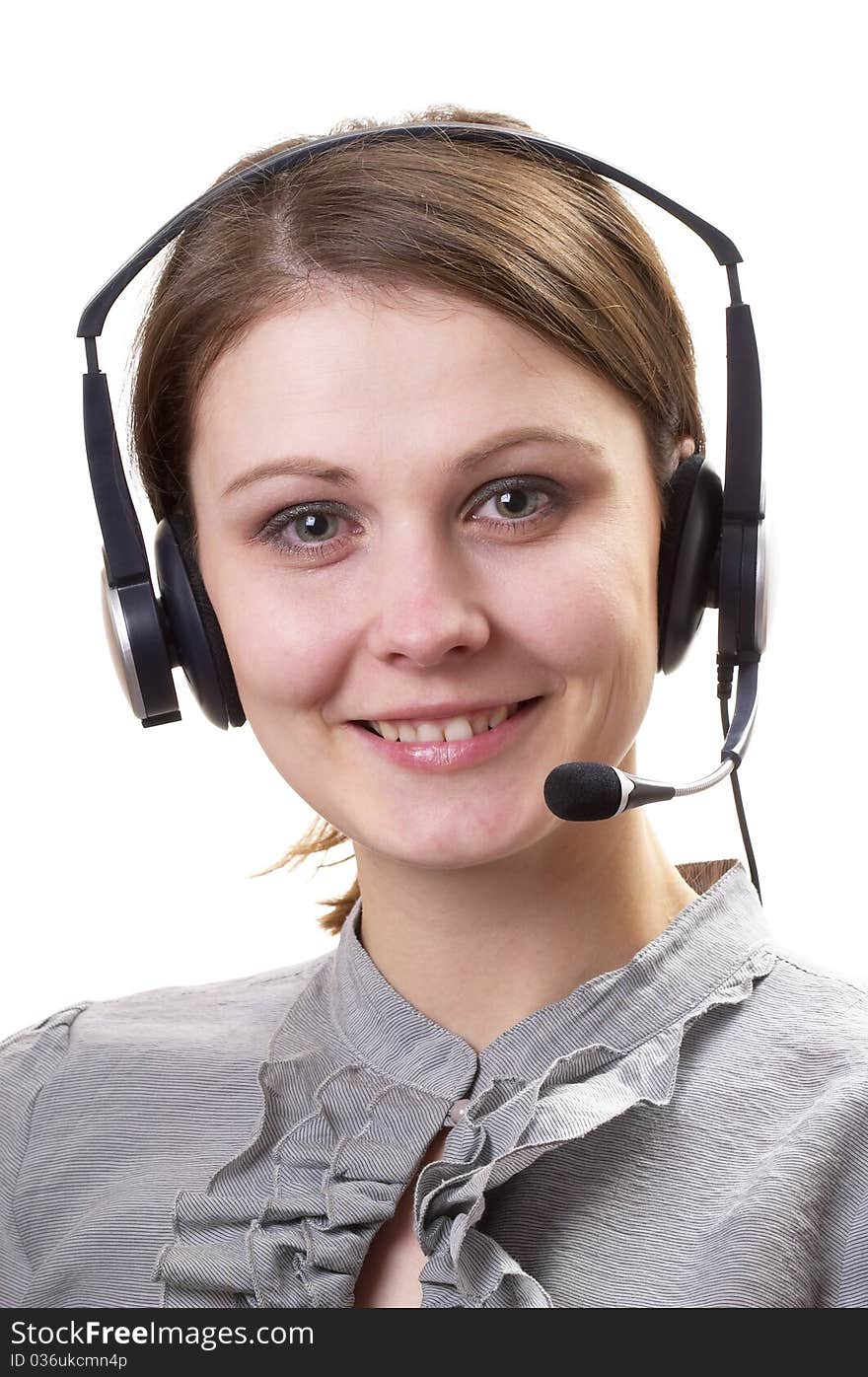 Friendly call center support service operator girl isolated over white background. Friendly call center support service operator girl isolated over white background.