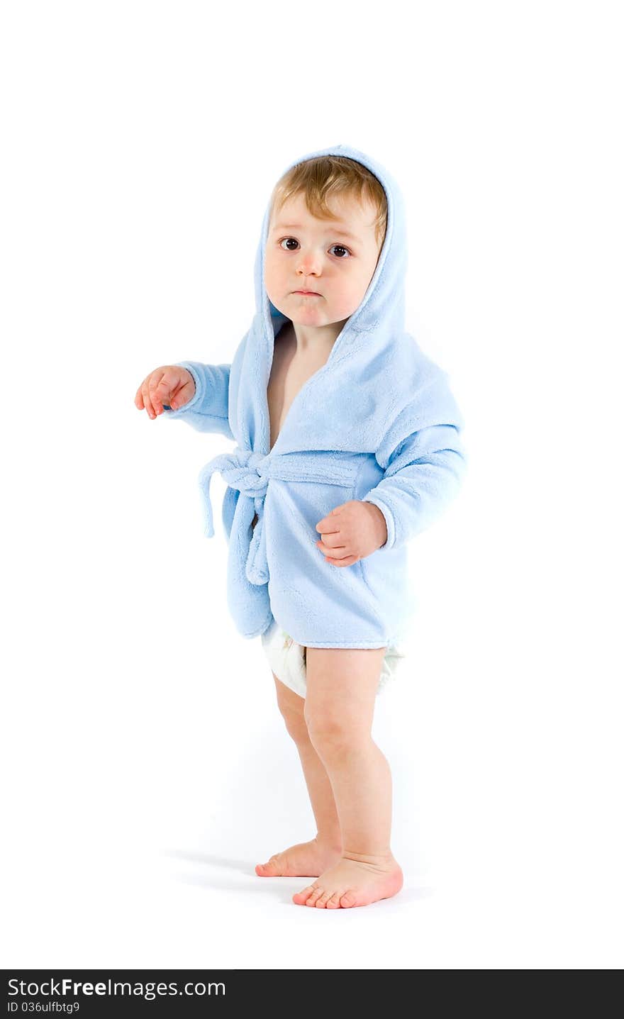 Baby in blue bathrobe on white