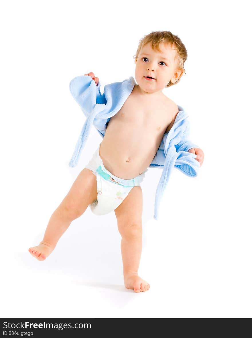 Baby In Blue Bathrobe On One Foot