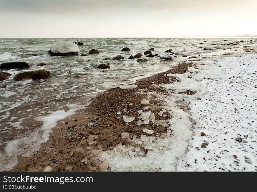 Winter landscape beach, cold winter. Winter landscape beach, cold winter