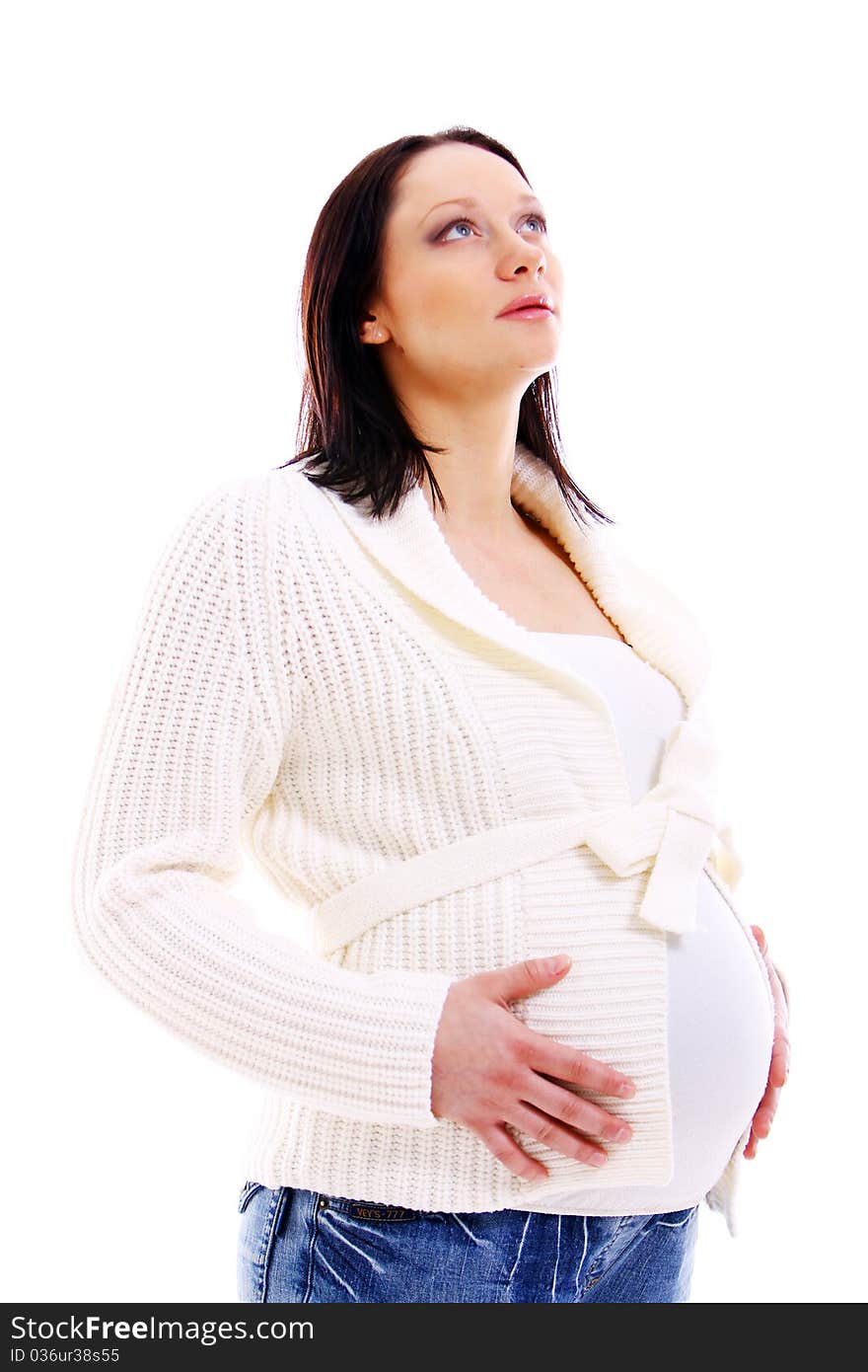 Young and beautiful pregnant woman isolated on white background