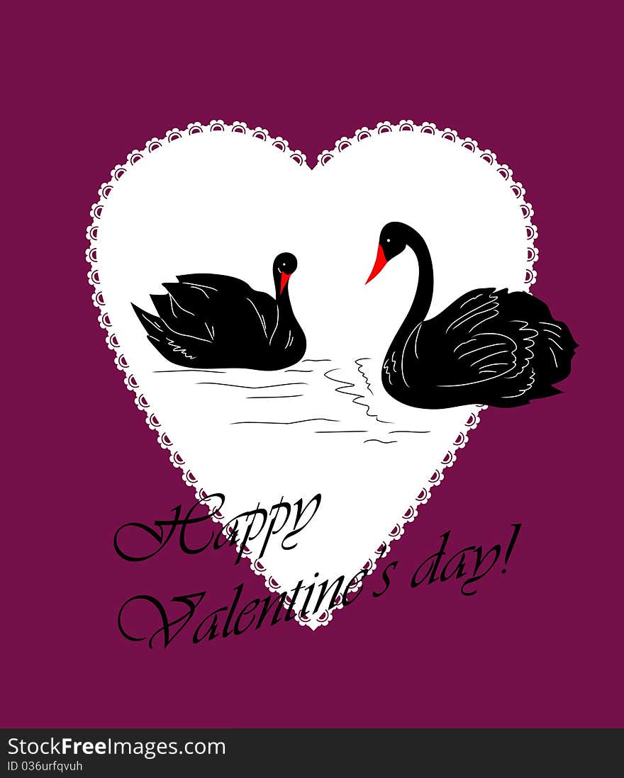 Postcard with two black swans to the Valentine's day