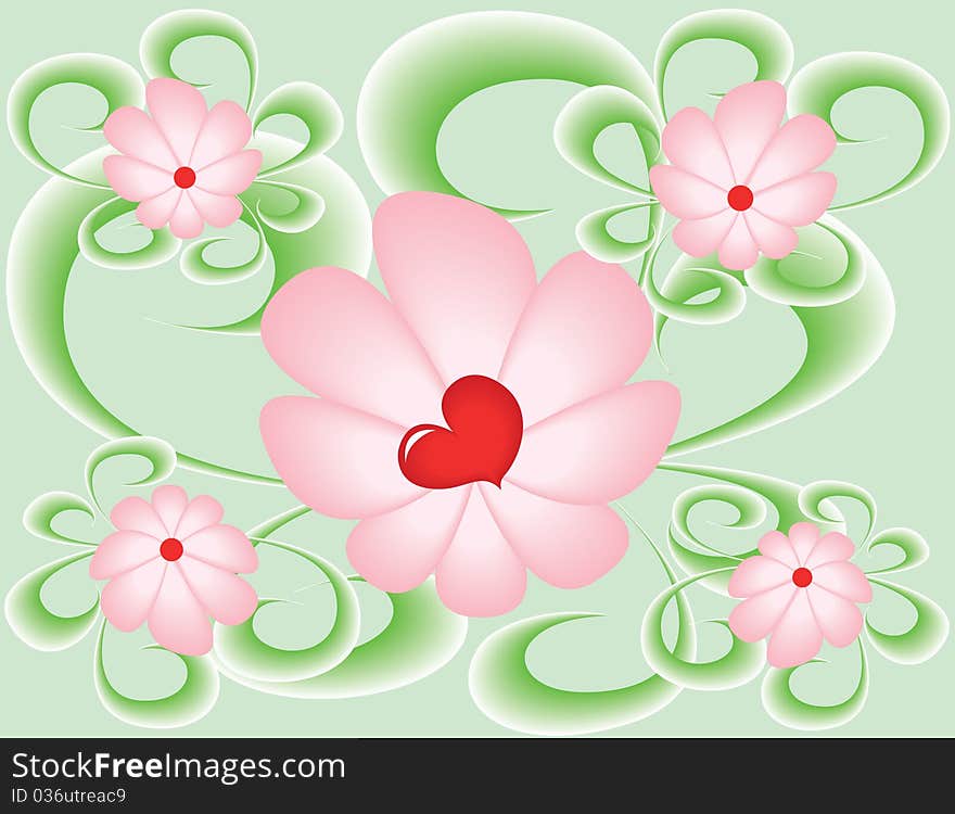 Abstract background with pink colors, green leaves and red heart.