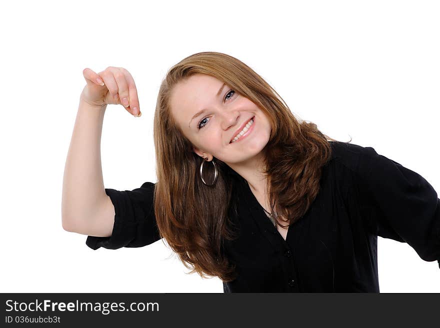 Young woman presenting a product