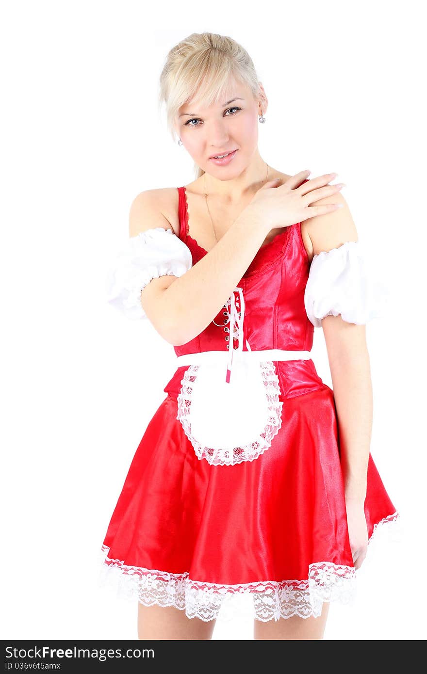 Woman in red French Maid outfit