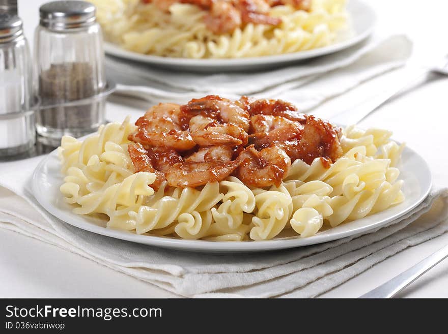 Pasta with tomato and prawns