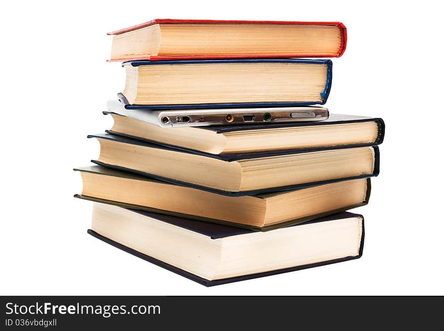 Reader and old books on a white background