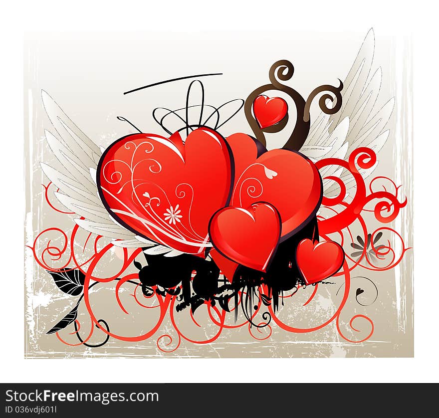 Art illustration of a red hearts with white wings on a creative background/ eps. Art illustration of a red hearts with white wings on a creative background/ eps