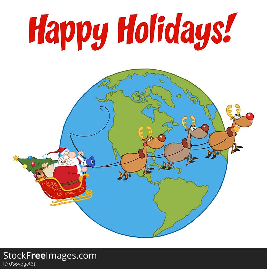 Santa in flight with his reindeer and sleigh under happy holidays. Santa in flight with his reindeer and sleigh under happy holidays