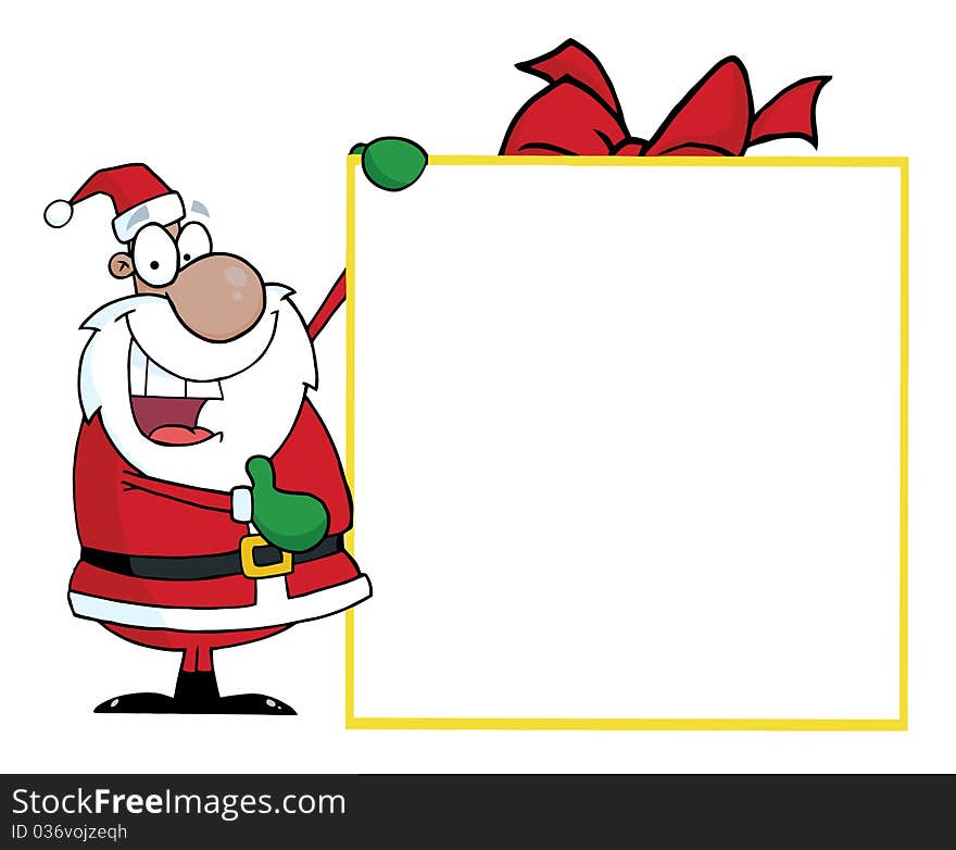 Black santa presenting a blank gift sigh