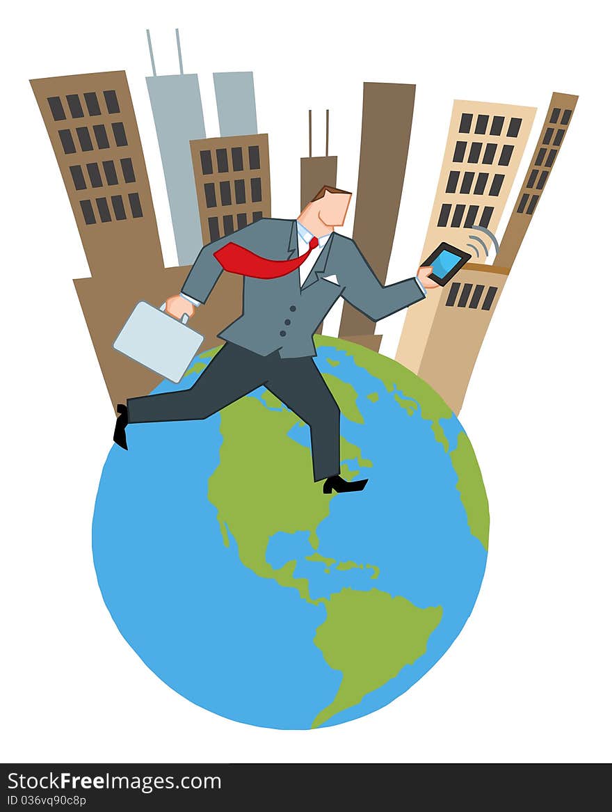 Businessman Running Around A Globe