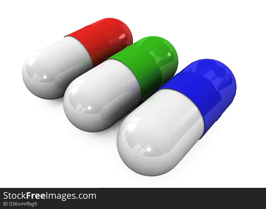 3d different tablets and pills on a white background. 3d different tablets and pills on a white background