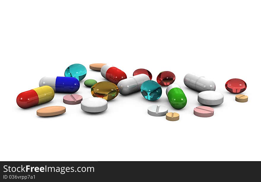 3d different tablets and pills on a white background. 3d different tablets and pills on a white background