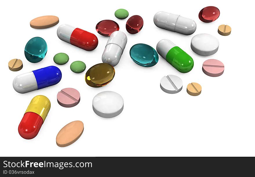 3d different tablets and pills on a white background. 3d different tablets and pills on a white background