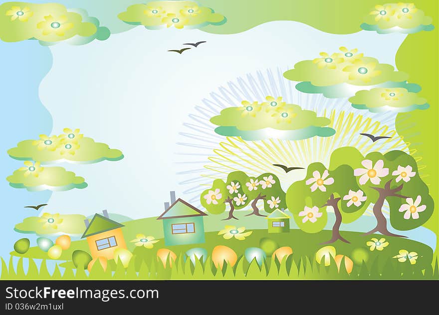Summer background with sun and landscape of the countryside. Summer background with sun and landscape of the countryside