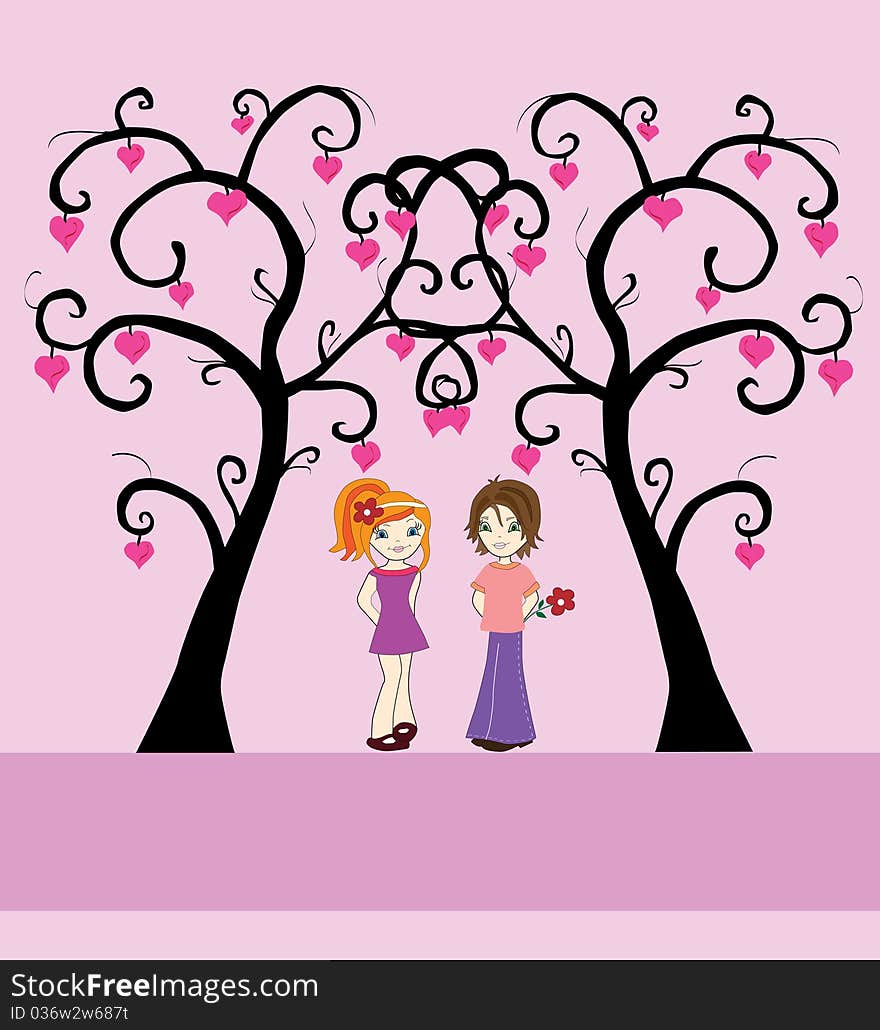 Valentine' day card with boy, girl, love trees and space for text. Valentine' day card with boy, girl, love trees and space for text