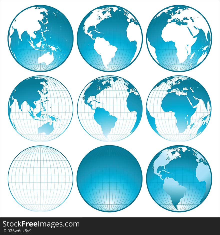 9 shiny globes icons over white background