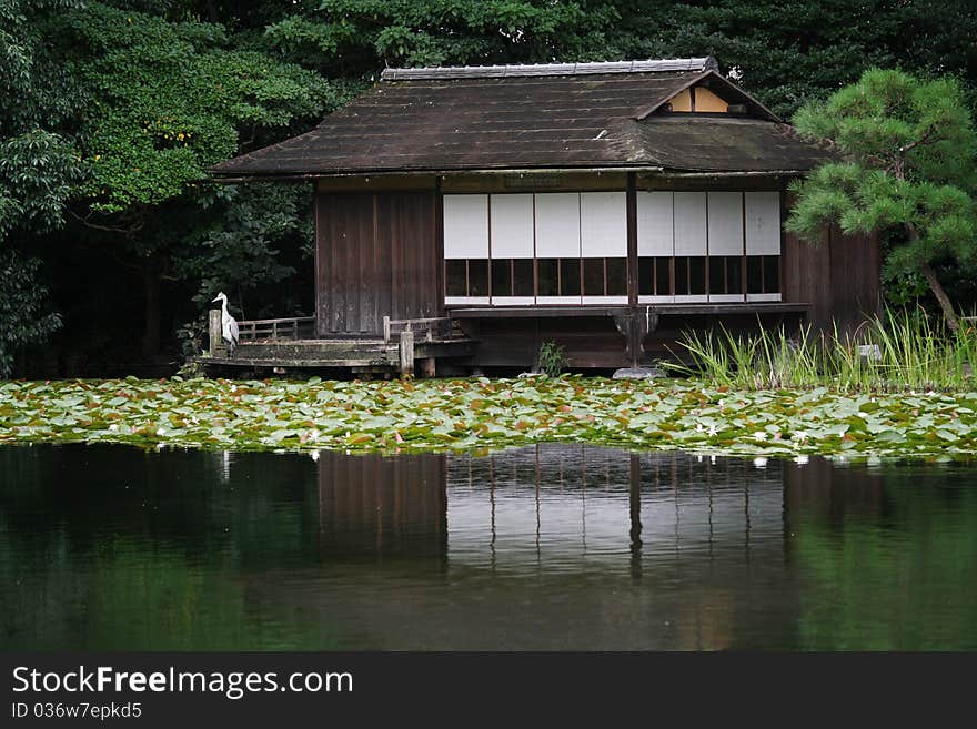 An old japanese house reflected in the lake with trees around. An old japanese house reflected in the lake with trees around