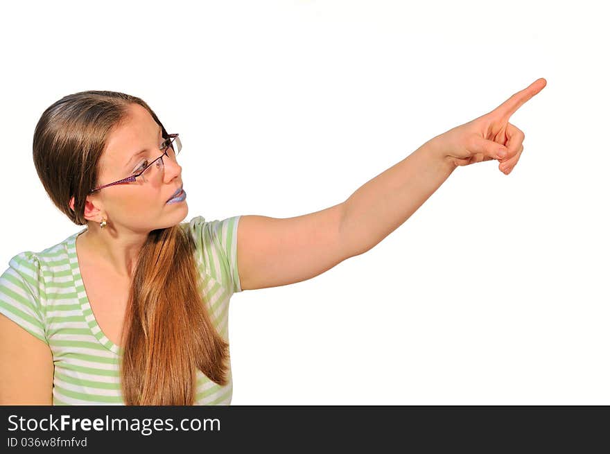 The girl points a finger