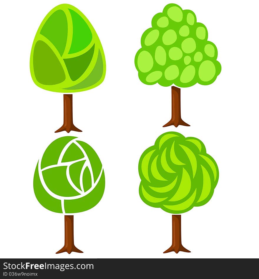 Vector illustration. Set of four abstract green trees isolated on white background