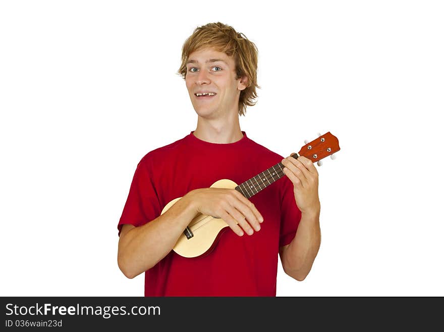 Young man with ukulele isolated on white background. Young man with ukulele isolated on white background