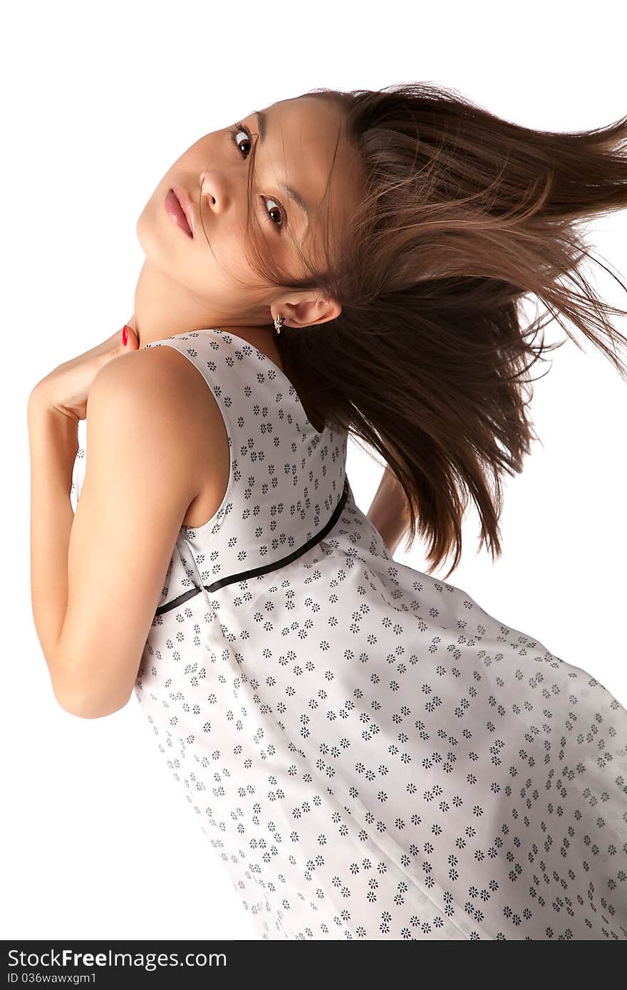 Portrait of young female beauty with long hair isolated