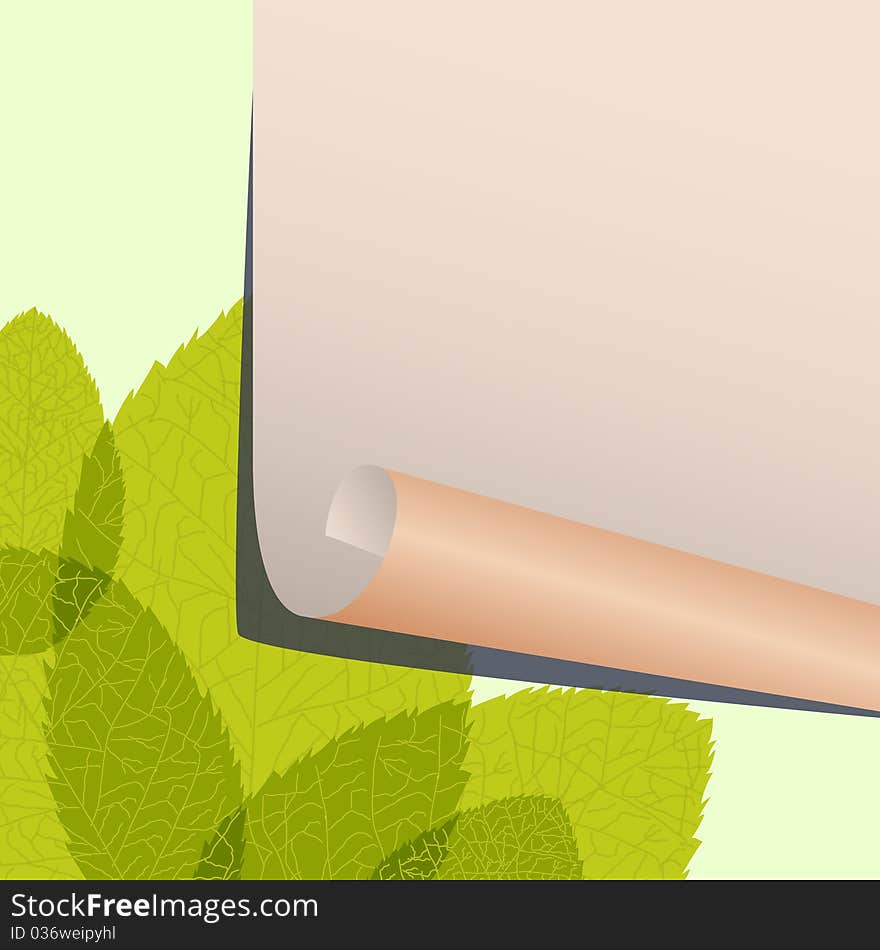 Spring background with green foliage and an empty sheet of paper. Vector illustration