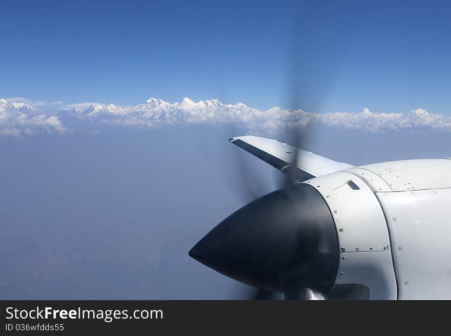 Himalayan Range in Everest area from above shoot out of airplane. Himalayan Range in Everest area from above shoot out of airplane