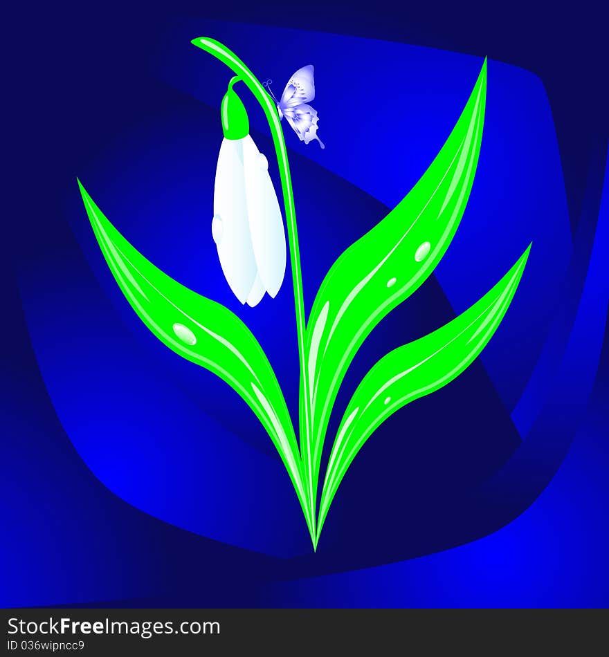 Abstract illustration depicting a flower with dew drops and a butterfly, vector illustration, eps10