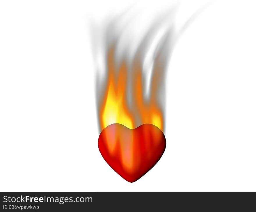 A red heart on fire with a white background. A red heart on fire with a white background