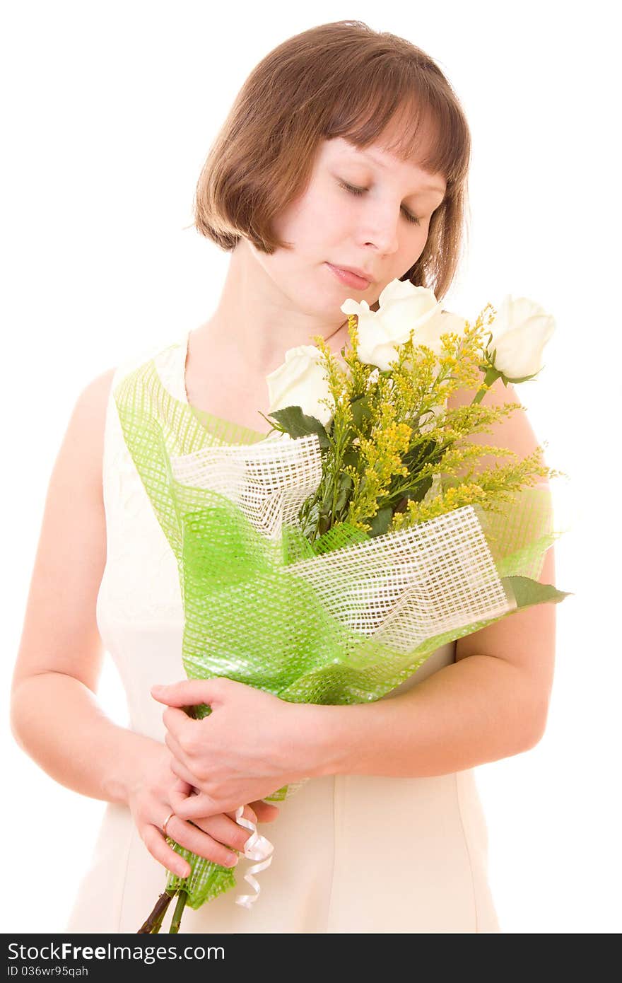 Girl with a bouquet of white roses. Girl with a bouquet of white roses.