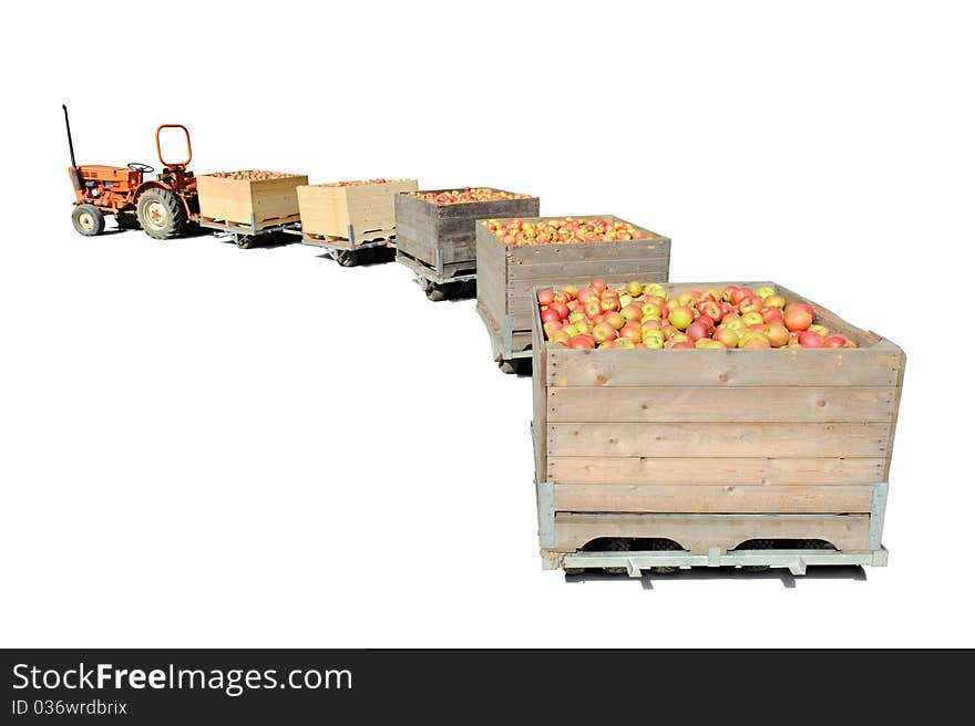 Old tractor carrying wooden crates full of fresh apples. Isolated over white. Old tractor carrying wooden crates full of fresh apples. Isolated over white