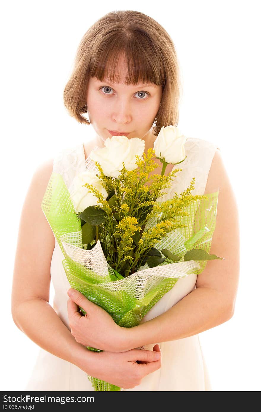 Girl with a bouquet of white roses. Girl with a bouquet of white roses.