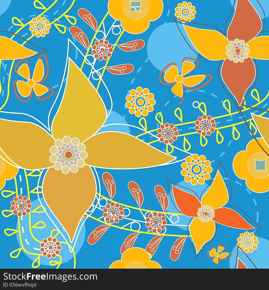 Flowers abstract seamless texture in orange and blue colors. Flowers abstract seamless texture in orange and blue colors