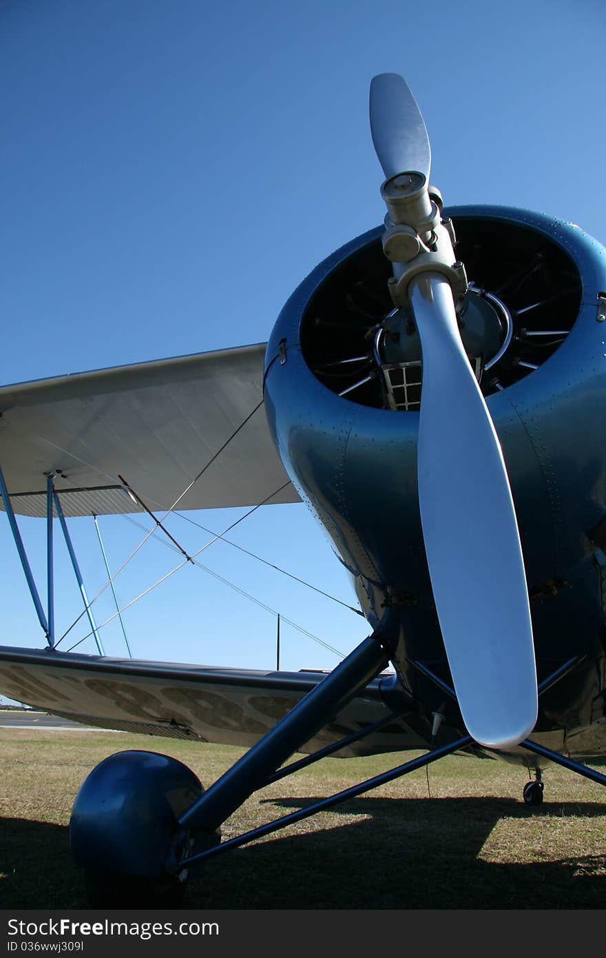 A blue biplane, built in 1939