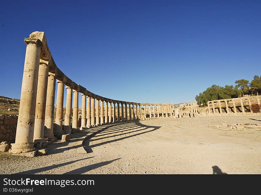 Pillars of the Oval Plaza in Jerash, Jordan