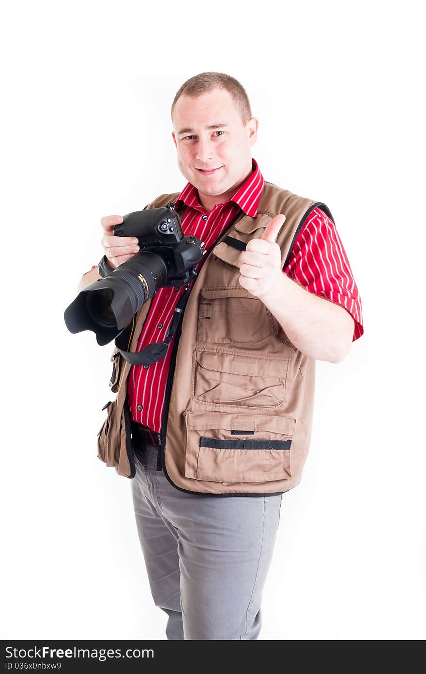 Photographer with digital kamera and zoom lens on white background