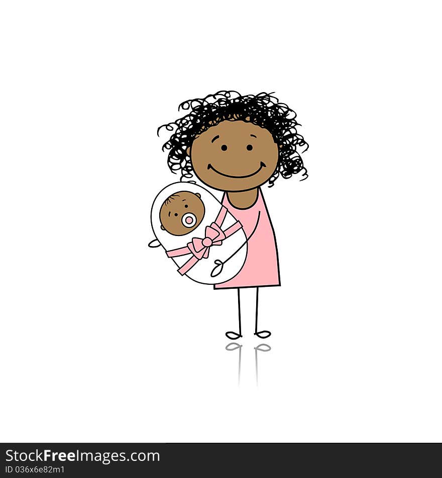 Happy mother smiling with newborn baby,  illustration