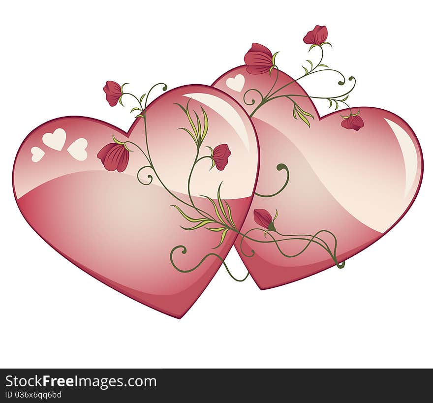 Two glossy hearts with roses. Two glossy hearts with roses