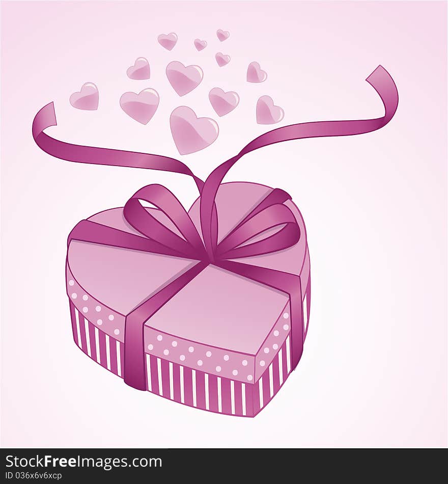 Cute pink valentine gift box with satin bow and glossy hearts