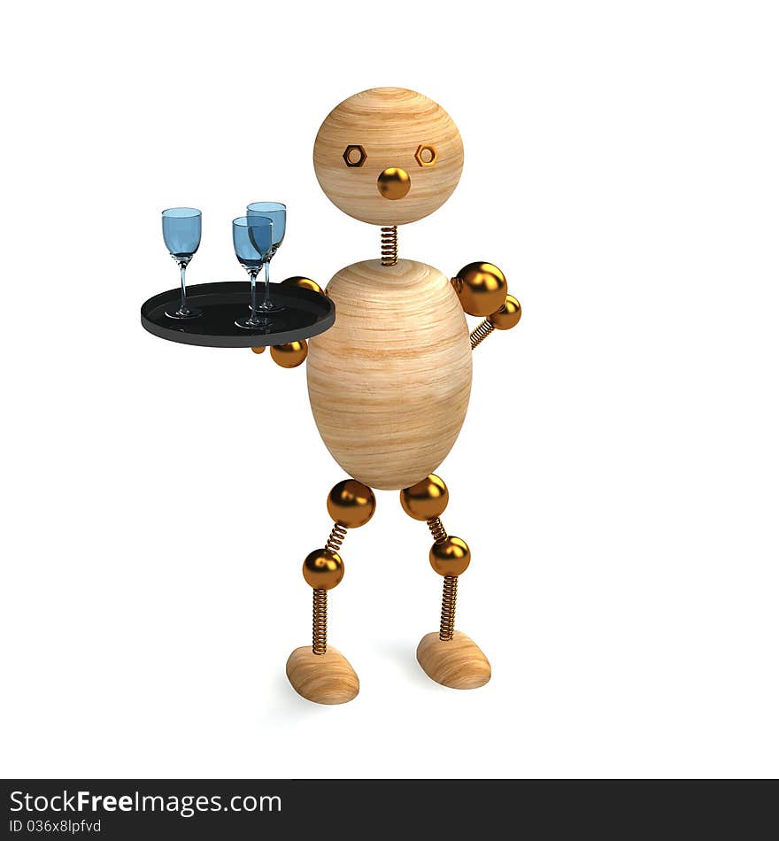 Wood man as a waiter