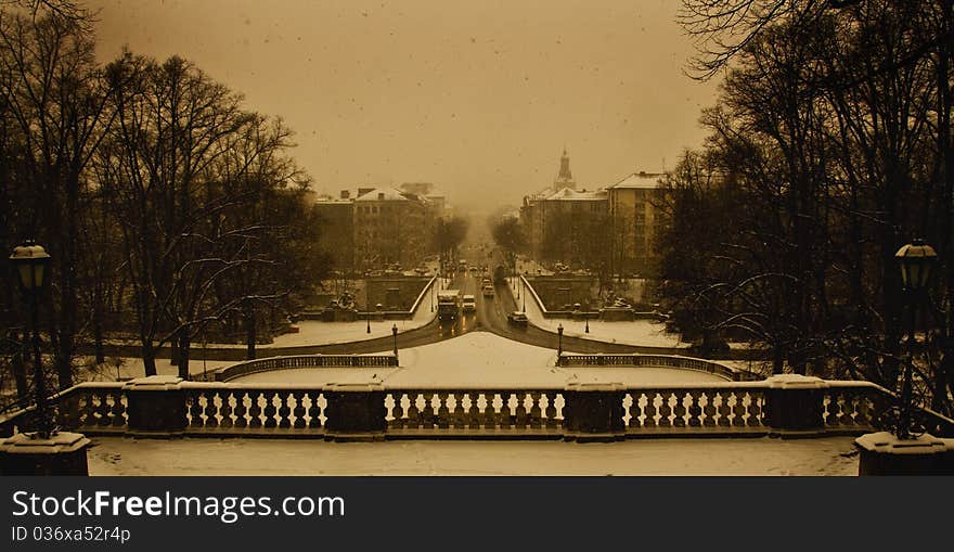 Munich in Winter seen from Friedensengel (freedom's angel) monument. Munich in Winter seen from Friedensengel (freedom's angel) monument