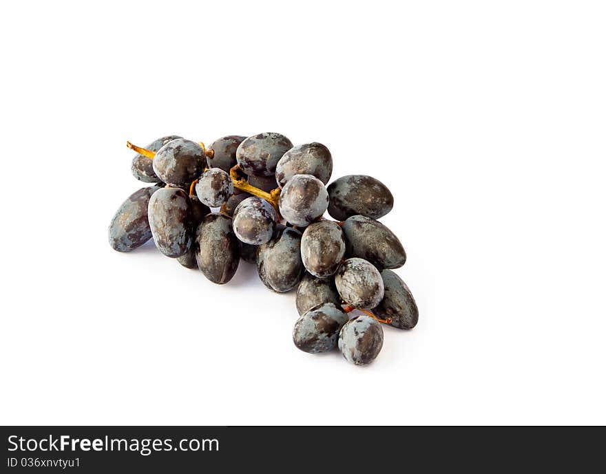 Black grape with it's bunch on white isolated background. Black grape with it's bunch on white isolated background.