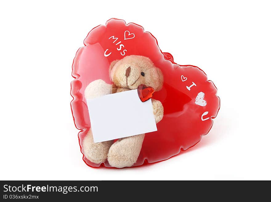 Dolly bear in heart balloon with blank card isolat