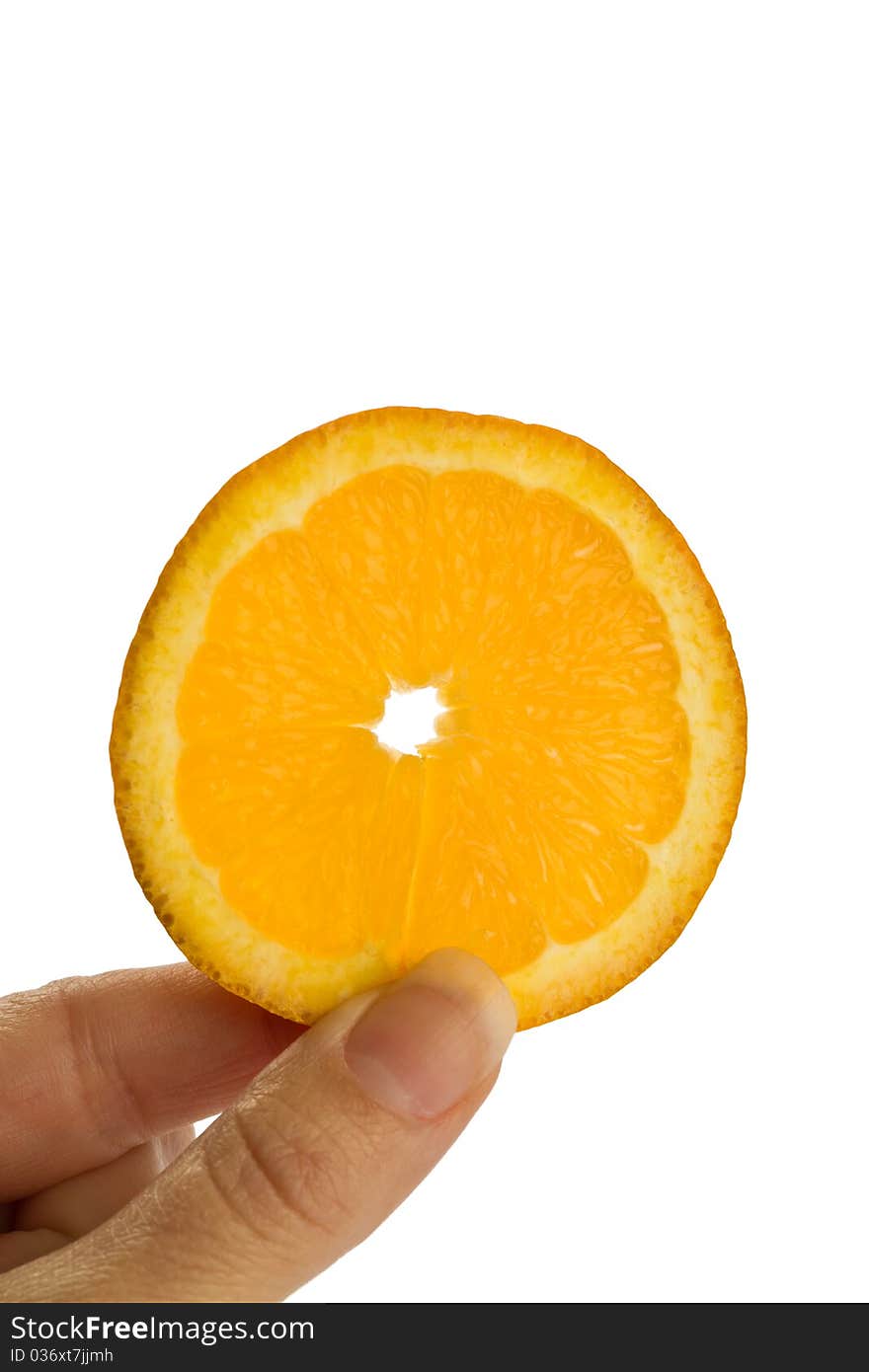 Fingers holding an orange slice up against a flat white background.